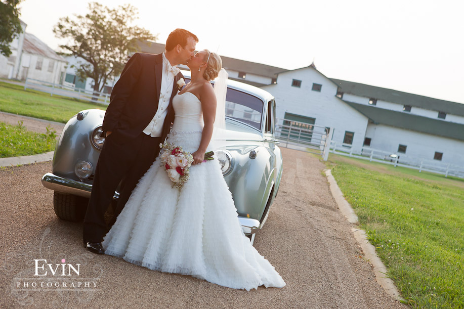 Bride and Groom on Farm with Bently Getaway car at Bethany & Jay Alexander's Wedding in Brentwood, TN