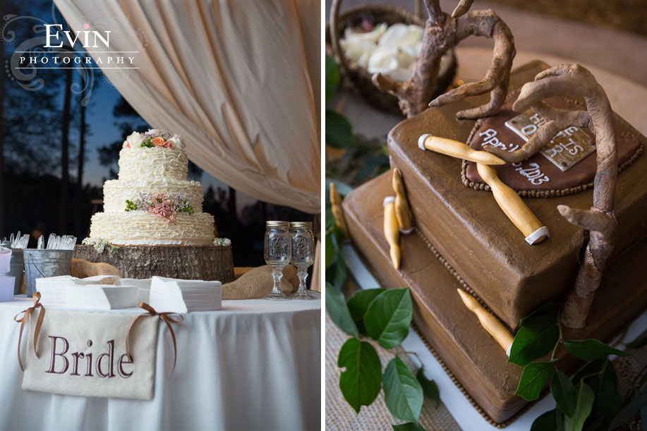 South Georgia Outdoor wedding reception with wedding cake and grooms cake with antlers